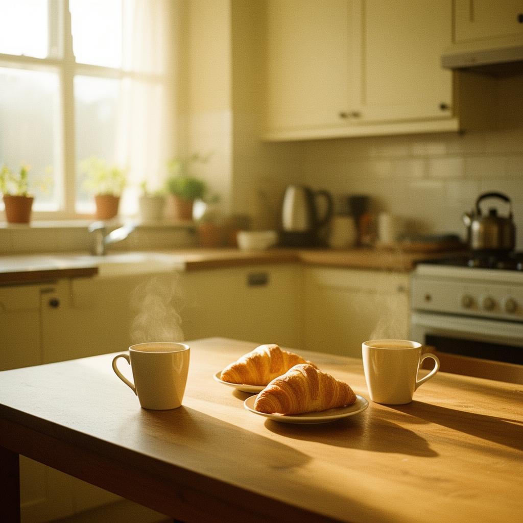 Cuisine baignée de soleil avec café et croissants