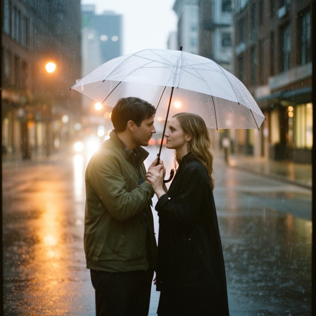 Couple sous un parapluie en ville